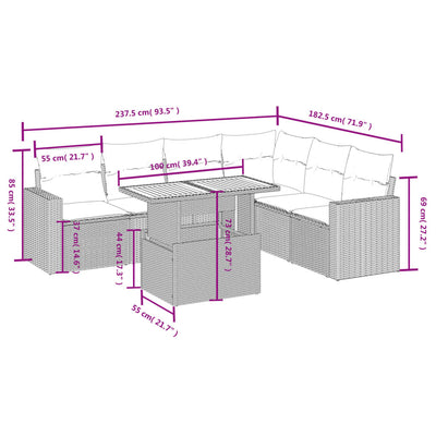 7 Piece Garden Sofa Set with Cushions Grey Poly Rattan