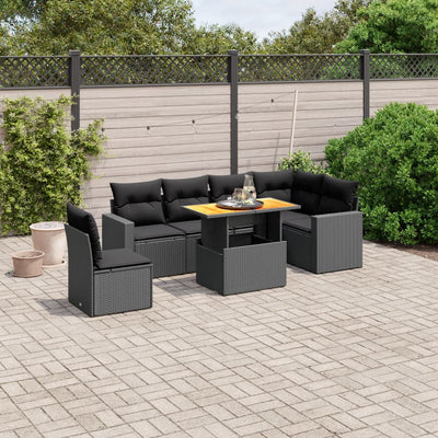 7 Piece Garden Sofa Set with Cushions Black Poly Rattan