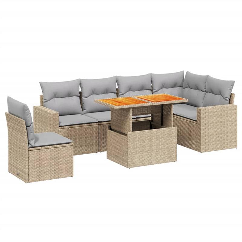 7 Piece Garden Sofa Set with Cushions Beige Poly Rattan