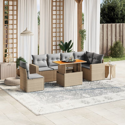 7 Piece Garden Sofa Set with Cushions Beige Poly Rattan