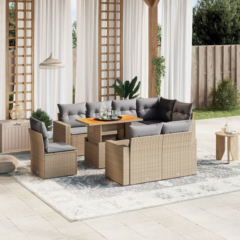 9 Piece Garden Sofa Set with Cushions Beige Poly Rattan