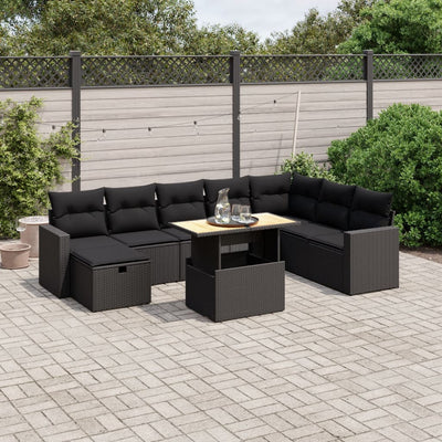 9 Piece Garden Sofa Set with Cushions Black Poly Rattan