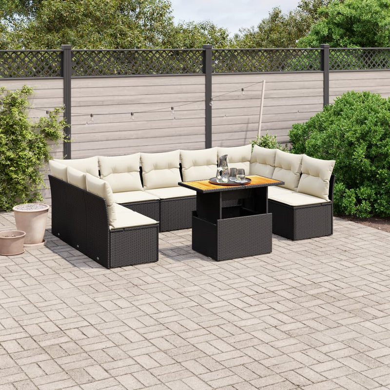 10 Piece Garden Sofa Set with Cushions Black Poly Rattan