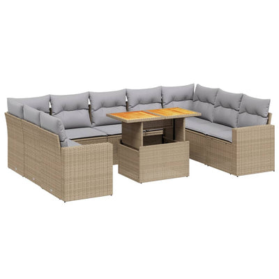 10 Piece Garden Sofa Set with Cushions Beige Poly Rattan