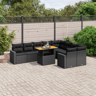 10 Piece Garden Sofa Set with Cushions Black Poly Rattan