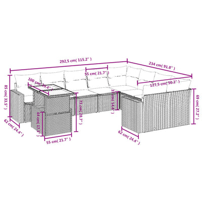 10 Piece Garden Sofa Set with Cushions Grey Poly Rattan