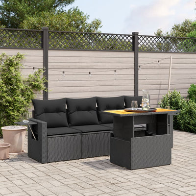 5 Piece Garden Sofa Set with Cushions Black Poly Rattan