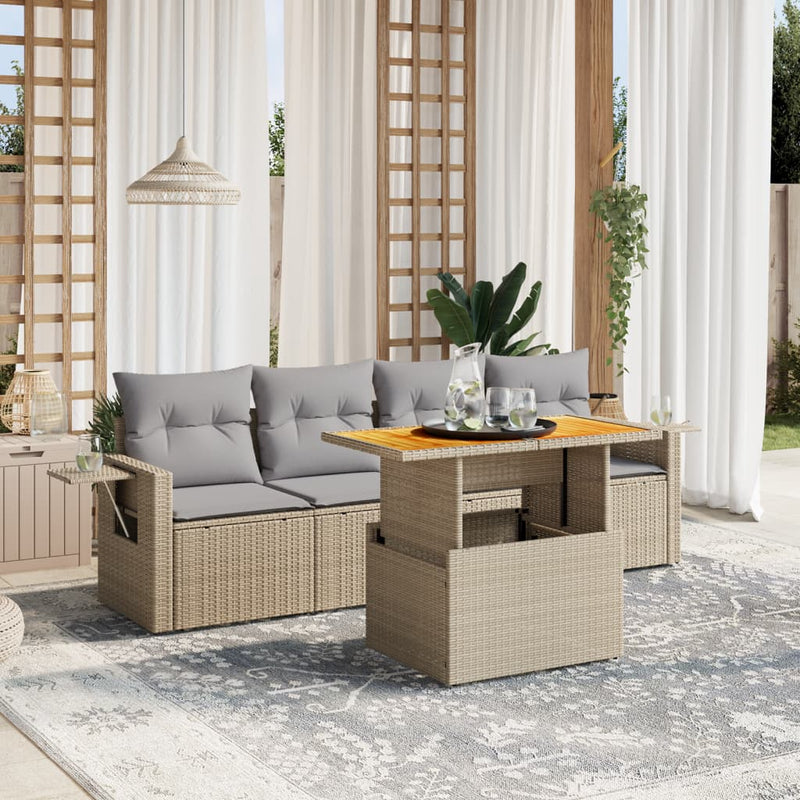 5 Piece Garden Sofa Set with Cushions Beige Poly Rattan