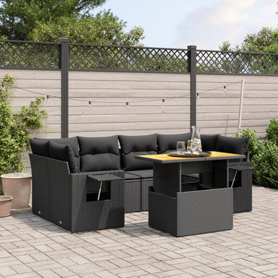 7 Piece Garden Sofa Set with Cushions Black Poly Rattan