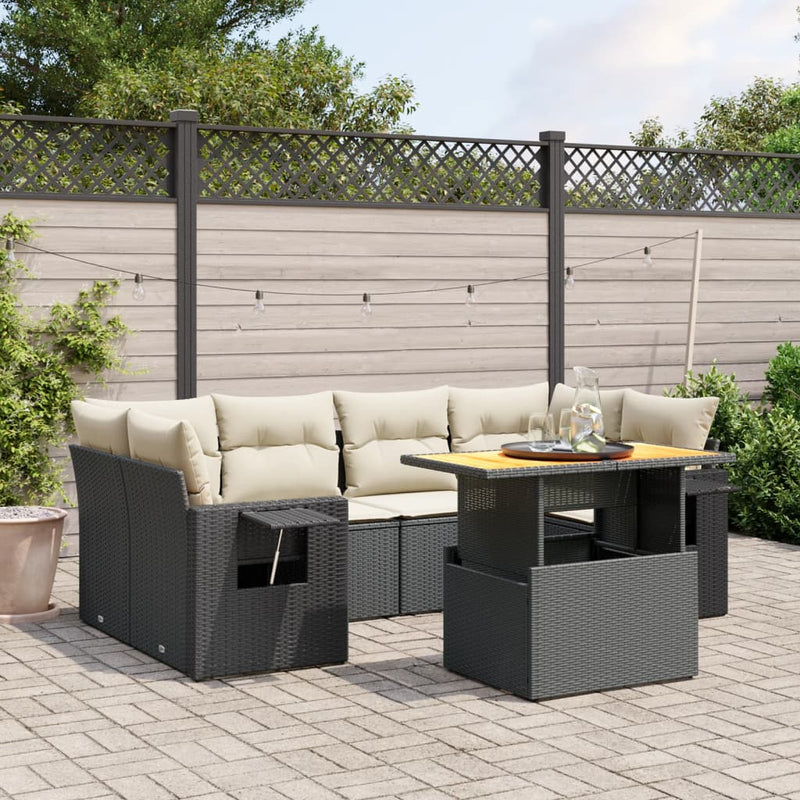 7 Piece Garden Sofa Set with Cushions Black Poly Rattan