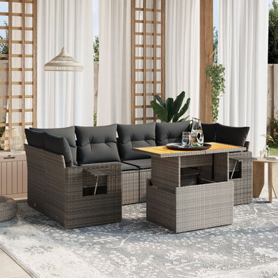 7 Piece Garden Sofa Set with Cushions Grey Poly Rattan