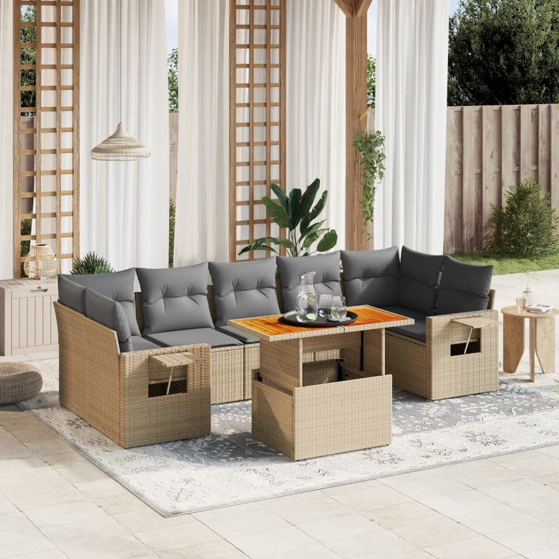 8 Piece Garden Sofa Set with Cushions Beige Poly Rattan