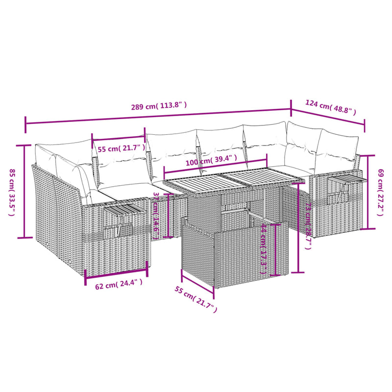 8 Piece Garden Sofa Set with Cushions Grey Poly Rattan