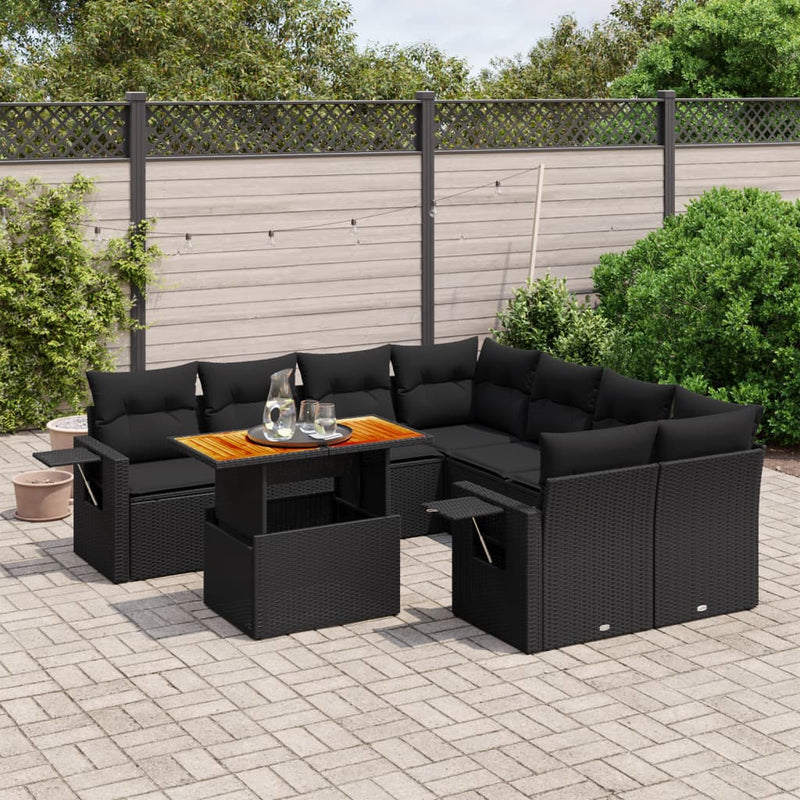 9 Piece Garden Sofa Set with Cushions Black Poly Rattan