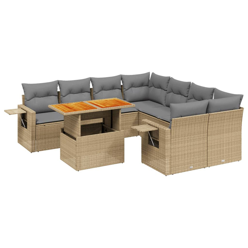 9 Piece Garden Sofa Set with Cushions Beige Poly Rattan