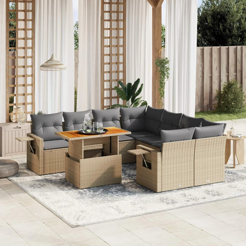 9 Piece Garden Sofa Set with Cushions Beige Poly Rattan