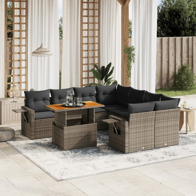 9 Piece Garden Sofa Set with Cushions Grey Poly Rattan