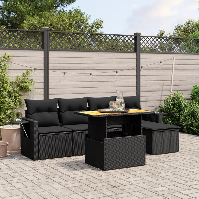 6 Piece Garden Sofa Set with Cushions Black Poly Rattan