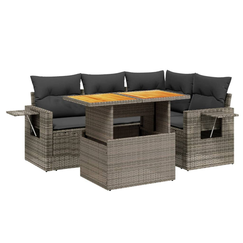 5 Piece Garden Sofa Set with Cushions Grey Poly Rattan