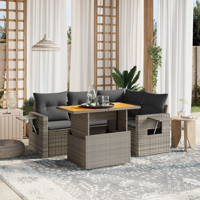 5 Piece Garden Sofa Set with Cushions Grey Poly Rattan