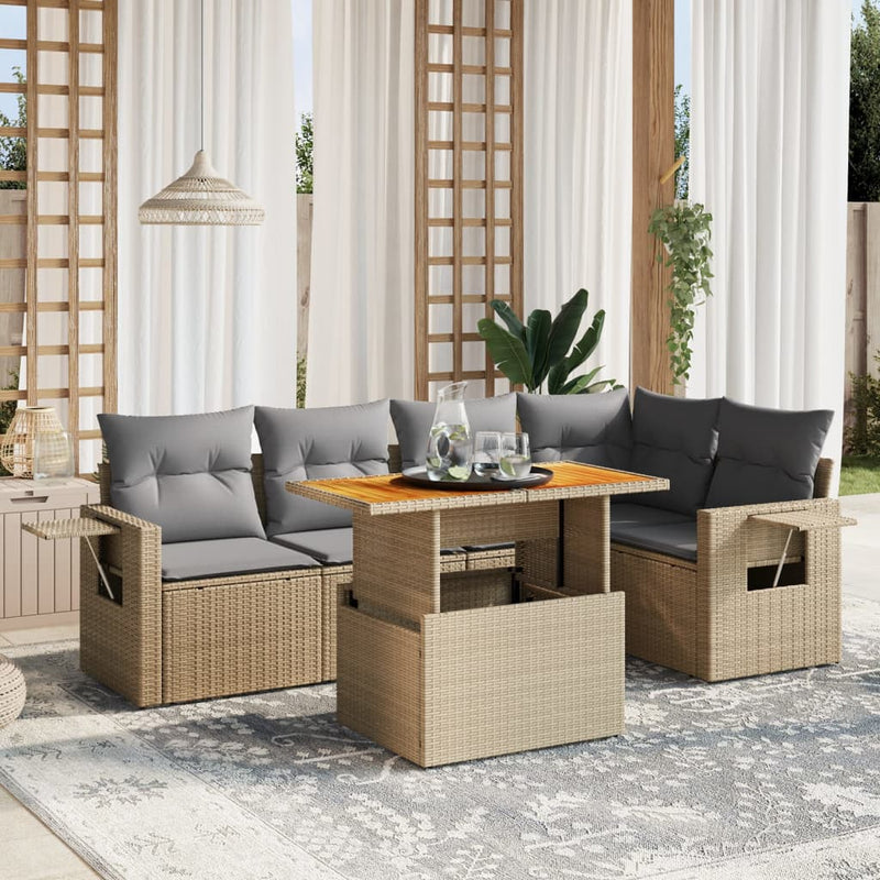 6 Piece Garden Sofa Set with Cushions Beige Poly Rattan