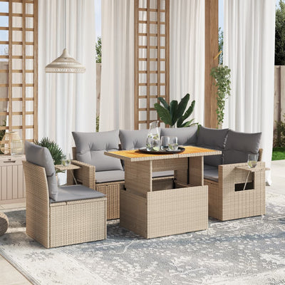 6 Piece Garden Sofa Set with Cushions Beige Poly Rattan