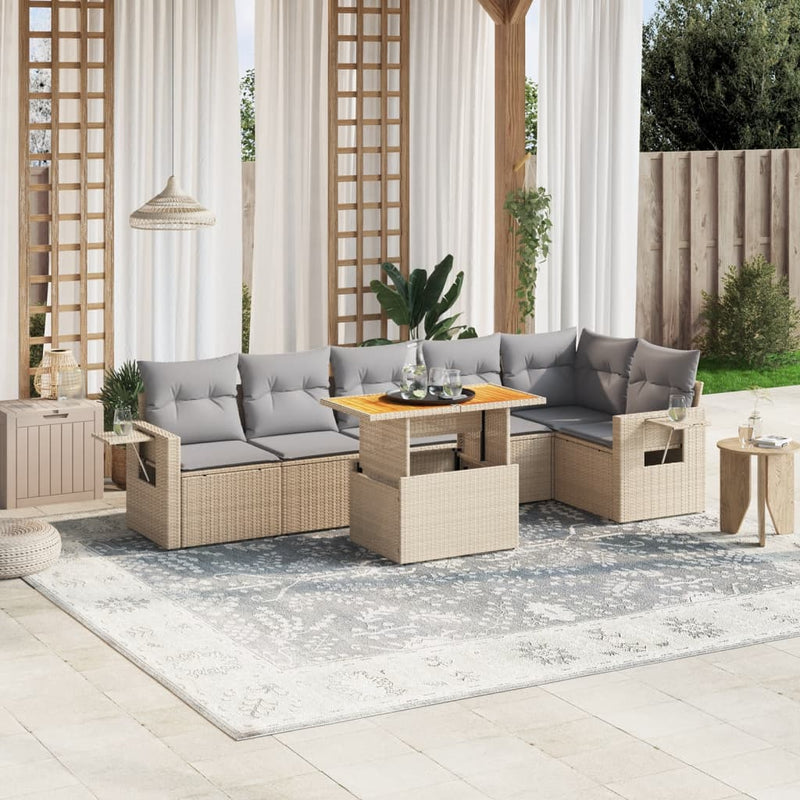 7 Piece Garden Sofa Set with Cushions Beige Poly Rattan