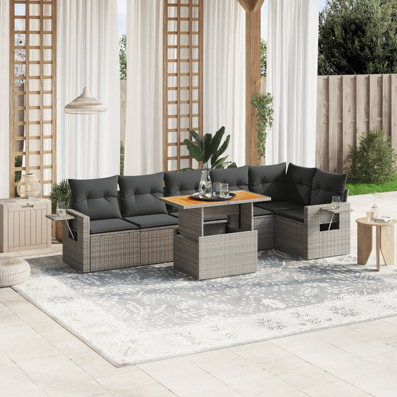 7 Piece Garden Sofa Set with Cushions Grey Poly Rattan