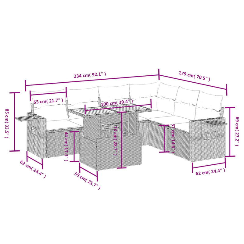 7 Piece Garden Sofa Set with Cushions Grey Poly Rattan