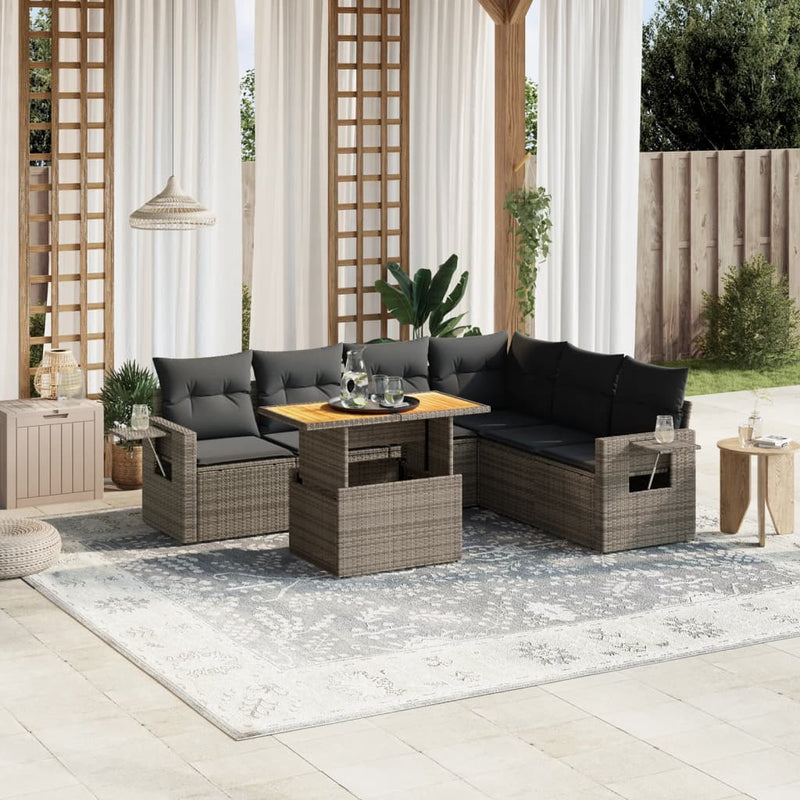 7 Piece Garden Sofa Set with Cushions Grey Poly Rattan