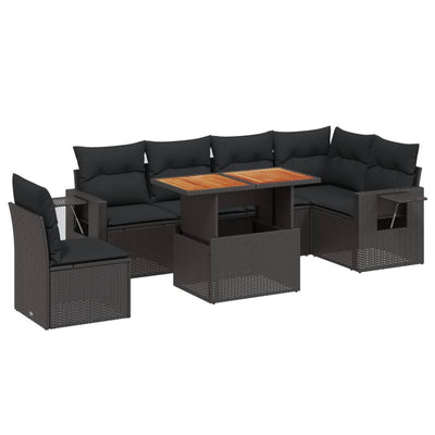 7 Piece Garden Sofa Set with Cushions Black Poly Rattan