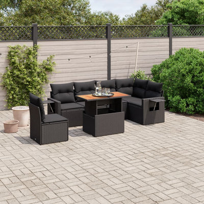 7 Piece Garden Sofa Set with Cushions Black Poly Rattan