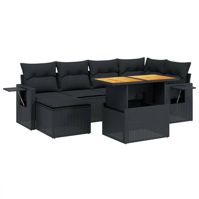 7 Piece Garden Sofa Set with Cushions Black Poly Rattan