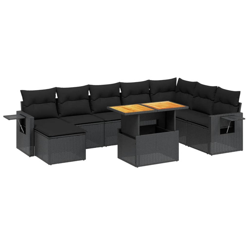 9 Piece Garden Sofa Set with Cushions Black Poly Rattan