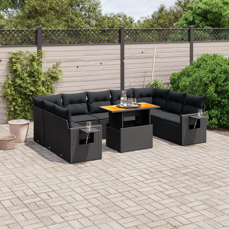 10 Piece Garden Sofa Set with Cushions Black Poly Rattan