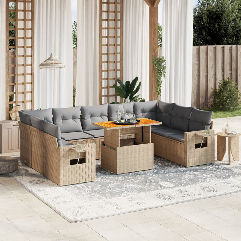 10 Piece Garden Sofa Set with Cushions Beige Poly Rattan