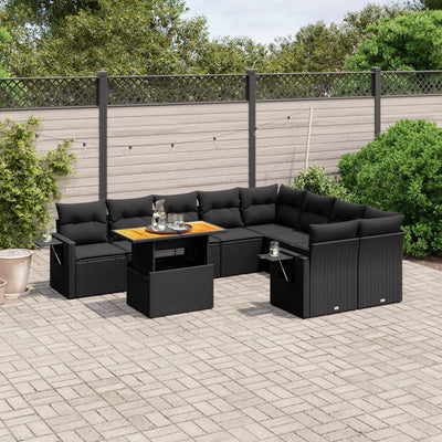 10 Piece Garden Sofa Set with Cushions Black Poly Rattan