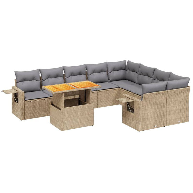 10 Piece Garden Sofa Set with Cushions Beige Poly Rattan