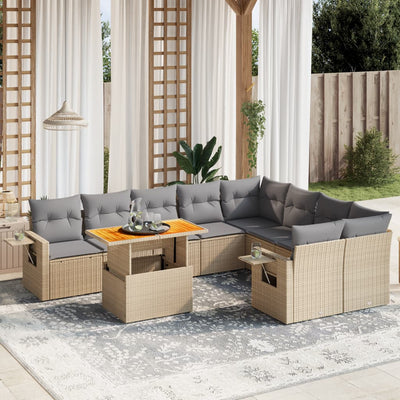 10 Piece Garden Sofa Set with Cushions Beige Poly Rattan