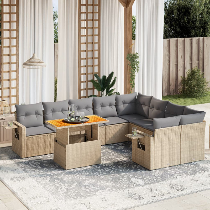 10 Piece Garden Sofa Set with Cushions Beige Poly Rattan