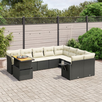 10 Piece Garden Sofa Set with Cushions Black Poly Rattan