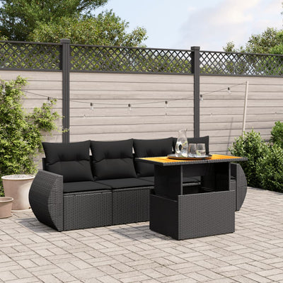 5 Piece Garden Sofa Set with Cushions Black Poly Rattan