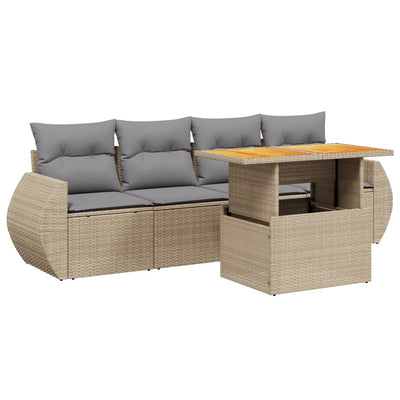 5 Piece Garden Sofa Set with Cushions Beige Poly Rattan