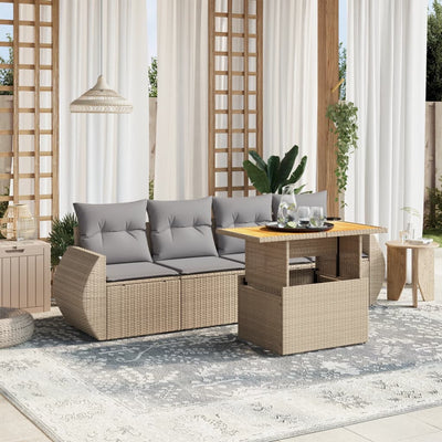 5 Piece Garden Sofa Set with Cushions Beige Poly Rattan