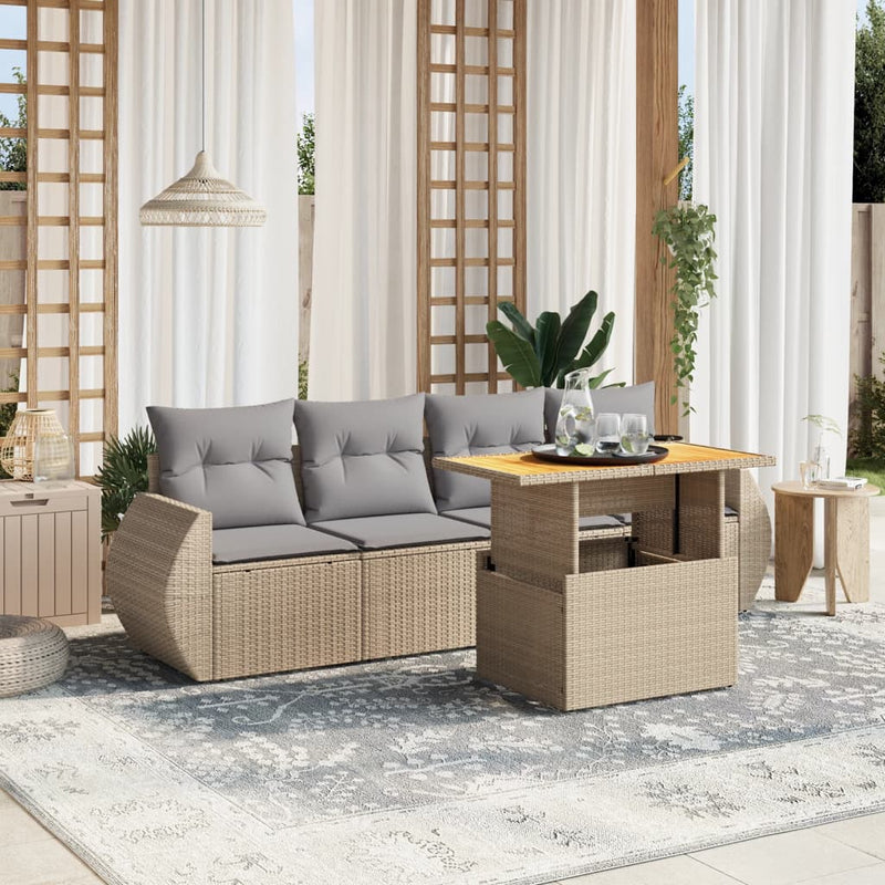 5 Piece Garden Sofa Set with Cushions Beige Poly Rattan