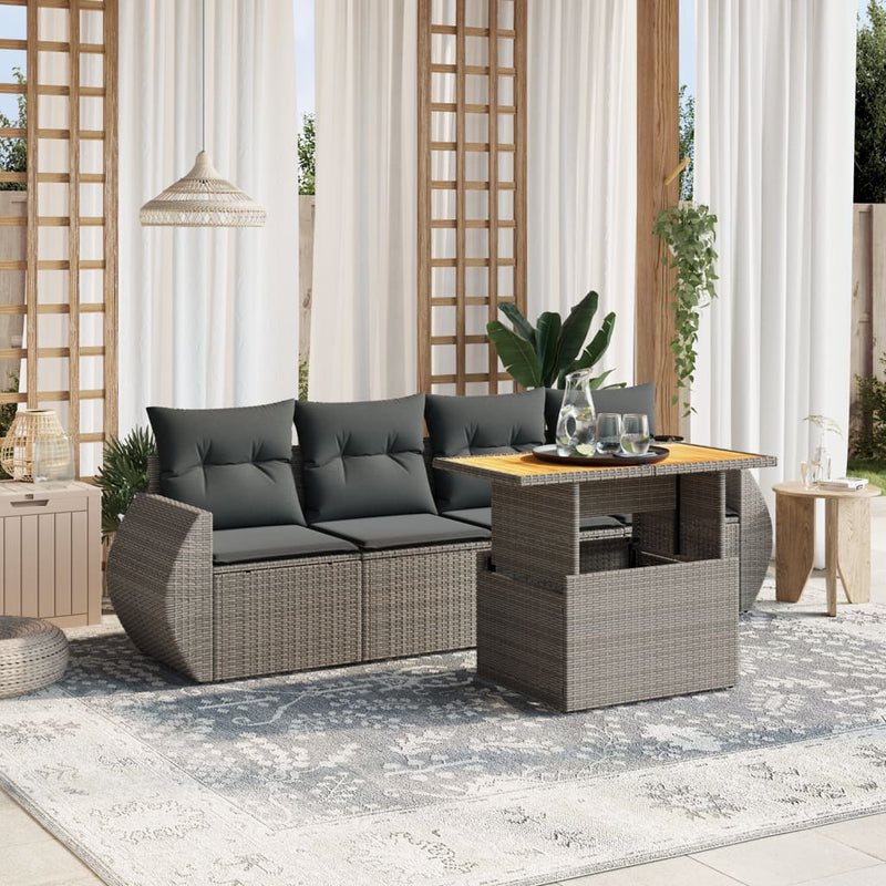 5 Piece Garden Sofa Set with Cushions Grey Poly Rattan