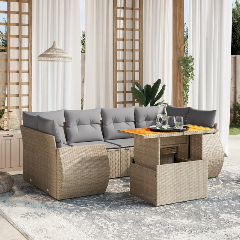 7 Piece Garden Sofa Set with Cushions Beige Poly Rattan