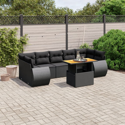 8 Piece Garden Sofa Set with Cushions Black Poly Rattan