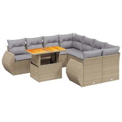 9 Piece Garden Sofa Set with Cushions Beige Poly Rattan