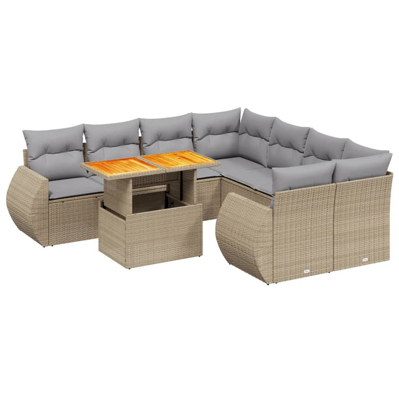 9 Piece Garden Sofa Set with Cushions Beige Poly Rattan